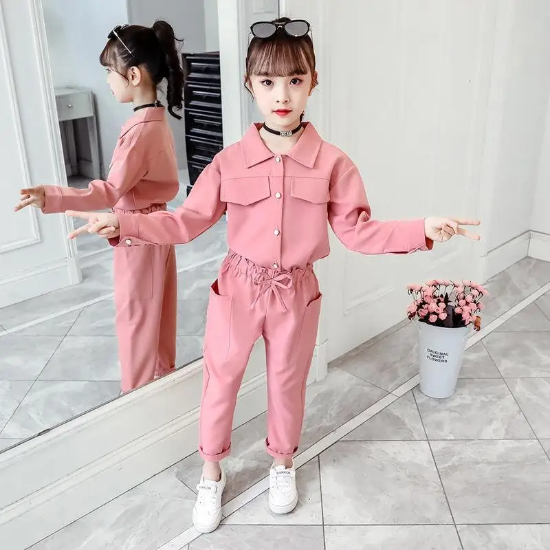 Children\'s Suits Spring Autumn Wear Girls Long Sleeved Tops + Trousers Kids 2 Suits Big Children Sport Sets Solid Color 12 Years