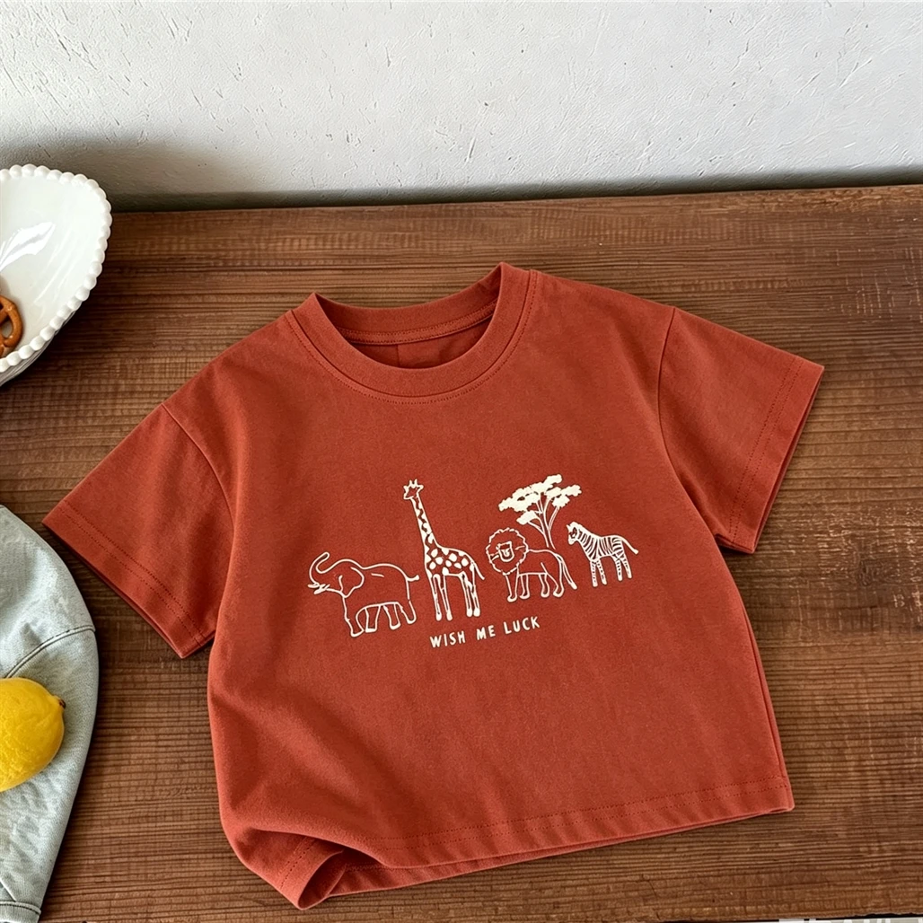 Cartoon Animals Print T Shirt Red Beige Orange Tees Simple All-match Bottoming Shirt For 1-7Years Old Child Short-sleeved Tops