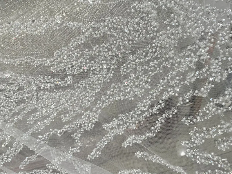 Off White Bridal Wedding Dress Lace Fabric Luxury Pearls Beaded Tulle Lace 2023 Spring NEW 1 Meter Free Shipping