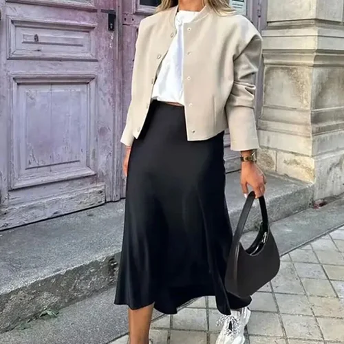 Imagen 2 del producto HXAO 2024 falda de satén para mujer, faldas largas negras de cintura alta para mujer, faldas elegantes de verano para mujer, falda informal blanca y marrón