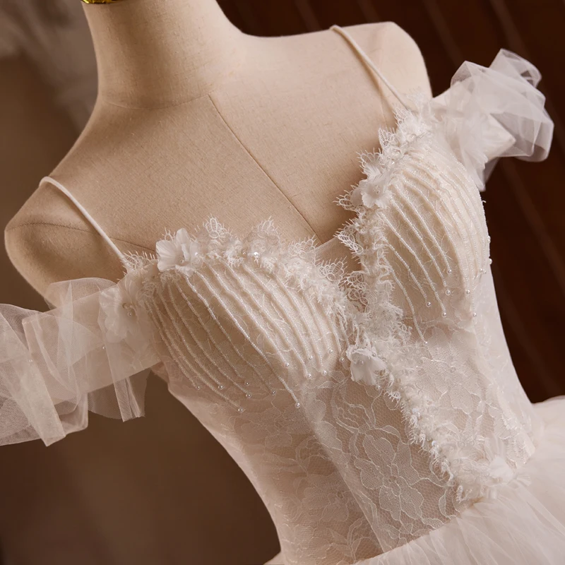 AnXin SH Vintage Prinzessin weiße Blume Spitze Spaghettiträger Rüschen Party Schnürung Ballkleid Braut maßgeschneidertes Abendkleid