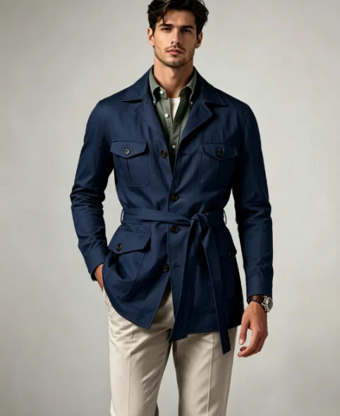 Customized Men Linen Blend Safari Jacket With Waist Belt Multi Pocket Turn‑Down Collar Casual Outdoor Wedding Party Outer Coat