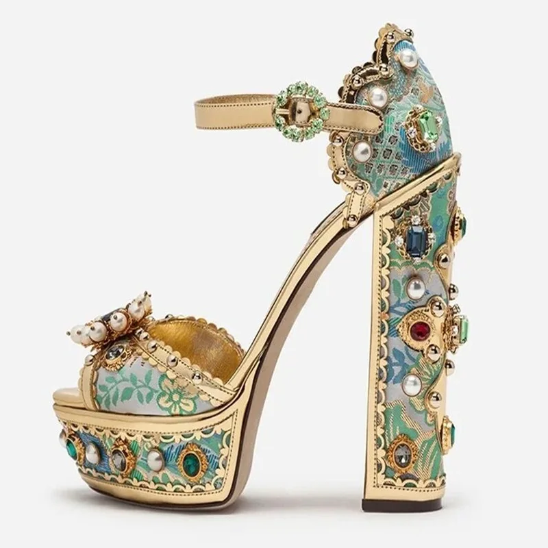 

Retro Jewel-Embellished Metallic Leather Platform Sandals Embroidery Chunky Heels Banquet Dress Shoes Big Size 11