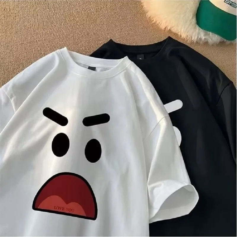 8XL الكورية فضفاضة تناسب المألوف العصرية الأمريكية الرجعية التعبير تي شيرت مطبوع جولة الرقبة عارضة الرجال متعددة الوظائف زوجين مجموعة