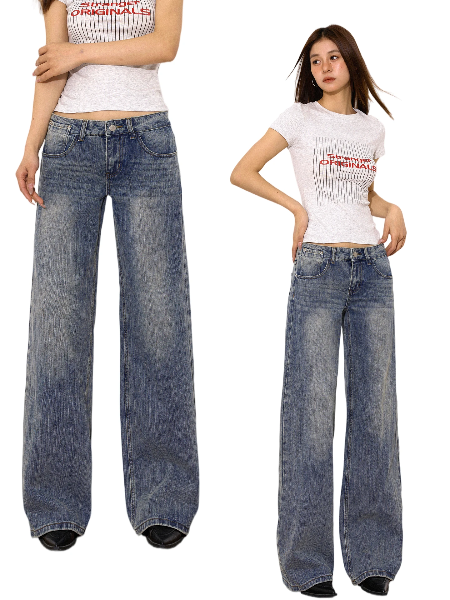 

Retro American Low Waist Straight Leg Jeans Women's Wide Leg Loose Slimming Vintage Blue Long Pants Cotton Blend Zipper Closure