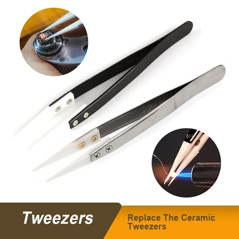 1PCS Ceramic Head With Hardware Handle Zirconia Stainless Steel Antistatic Insulation High Temperature Resistant Tweezers