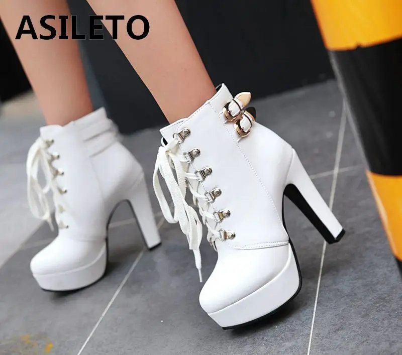 ASILETO Ankle boots women motorcycle casual high heels shoes Platform booties cross-tie round toe botas mujer sapatosA971