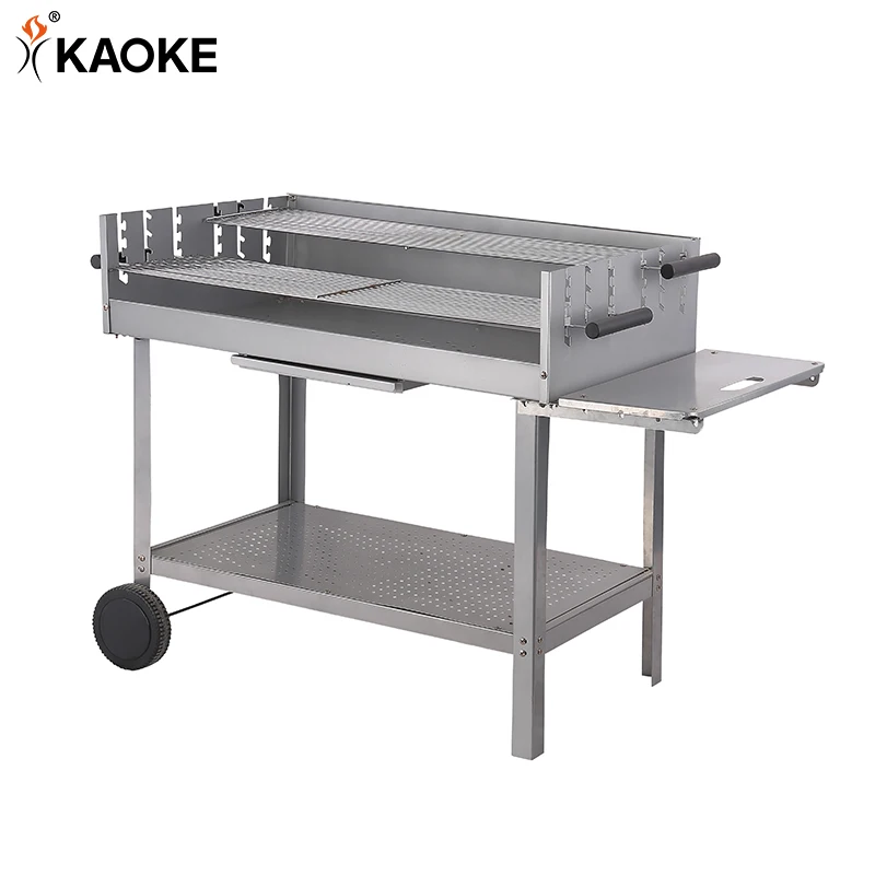 39 inch BBQ Grill With Side Table 4 legs And Wheels Square Trolley Charcoal BBQ Grill
