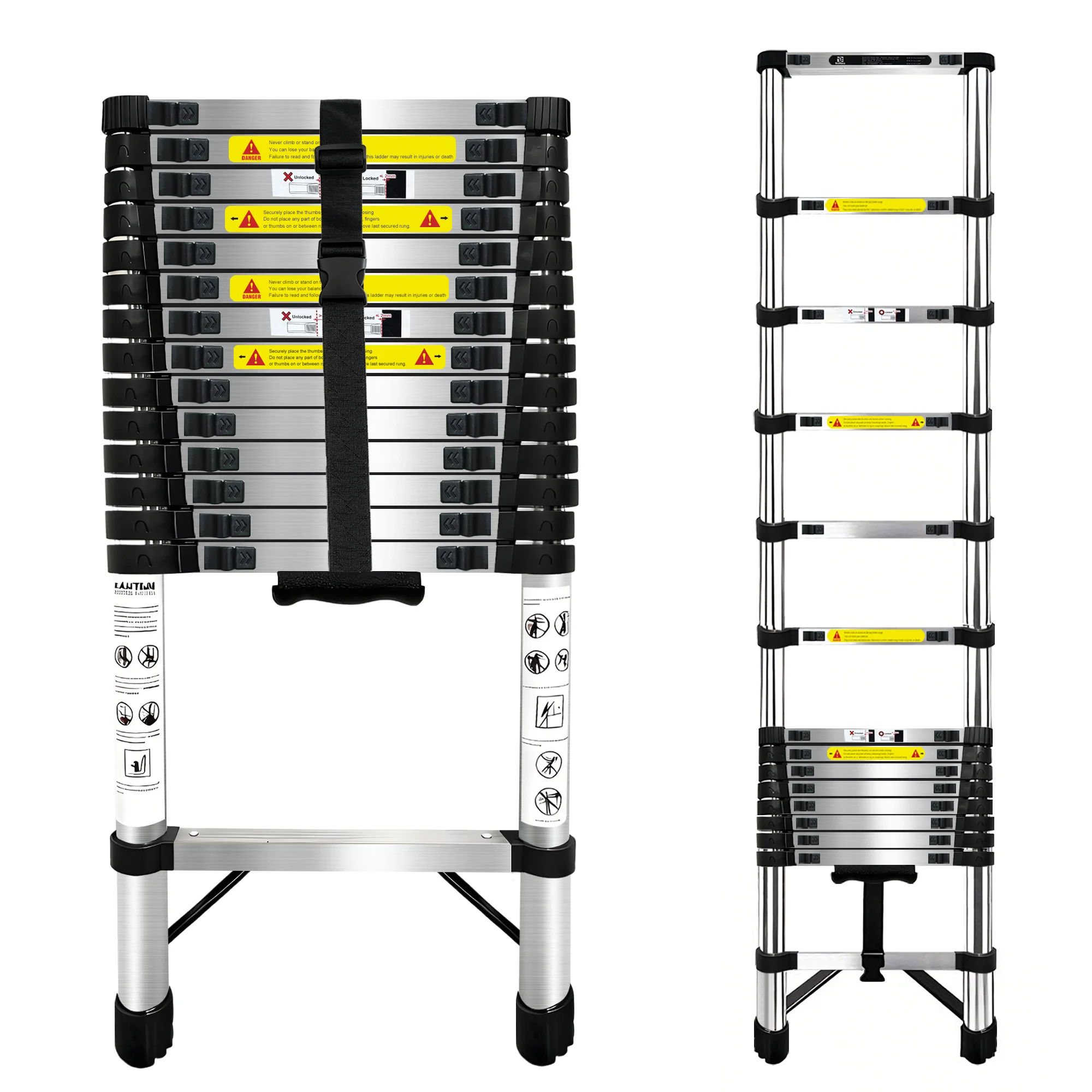 Échelle télescopique multi-usage 2.6/3.2/3.8/4.4M en acier inoxydable, capacité de charge 330LB, compacte, pliable, antidérapante, EN131, pour intérieur et extérieur