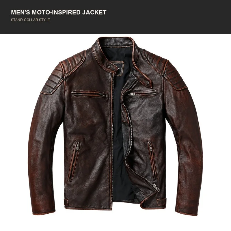 Men Vintage Cowhide Grain Faux Leather Jacket Stand Collar Lapel Motorcycle Biker Coat Casual Outerwear