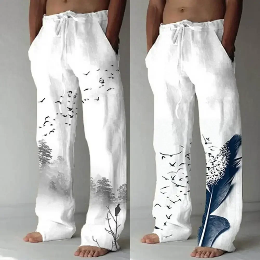 

Vintage Men's Beach Pants Solid Color Flying Bird Print Summer Elastic Waist Wide Leg Pants Casual Men Streetwear