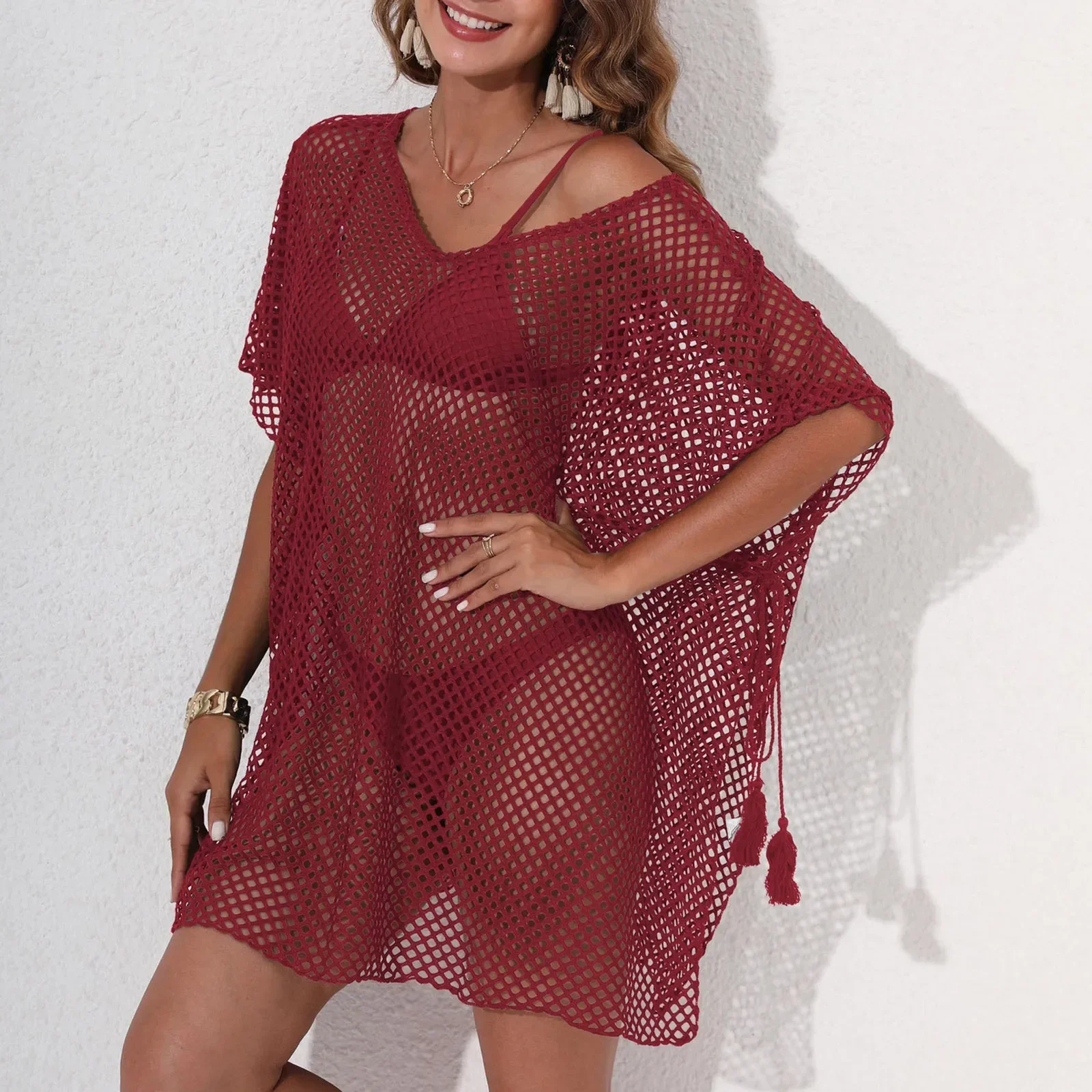 Sommer Solide Mesh Bikini Cover Up Frauen Lose Unregelmäßige Strand Kleid Badeanzug Outfits Sommer Urlaub V-ausschnitt Casual Bademode