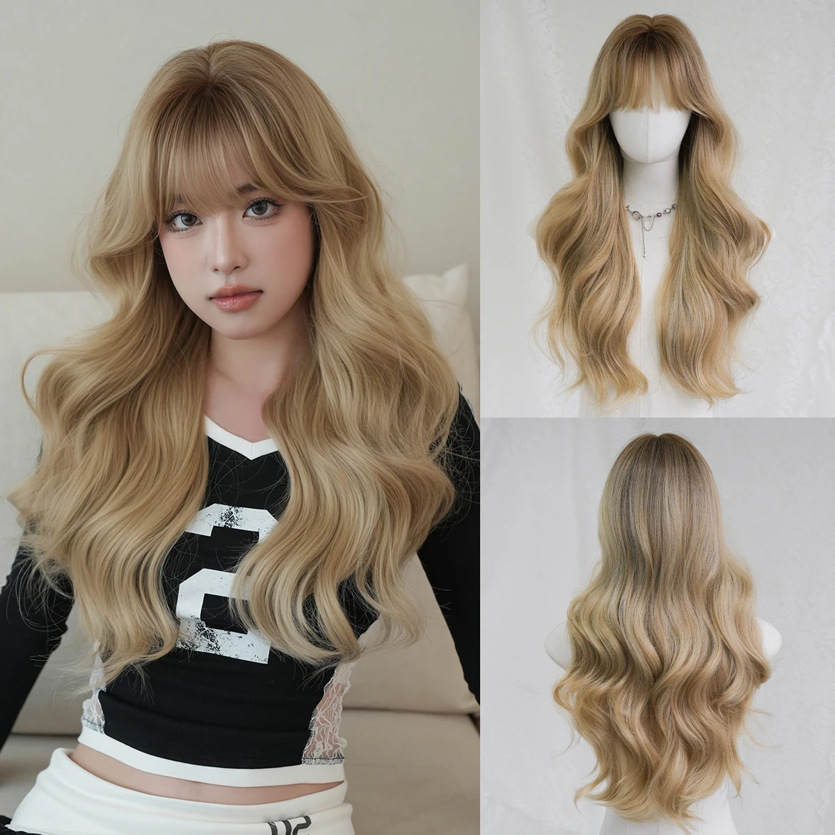 

NAMM Long Wave Blonde Wigs For Women Elegant Fluffy Curly Wigs With Dark Roots, Silk Synthetic Heat-Resistant Fiber Wig