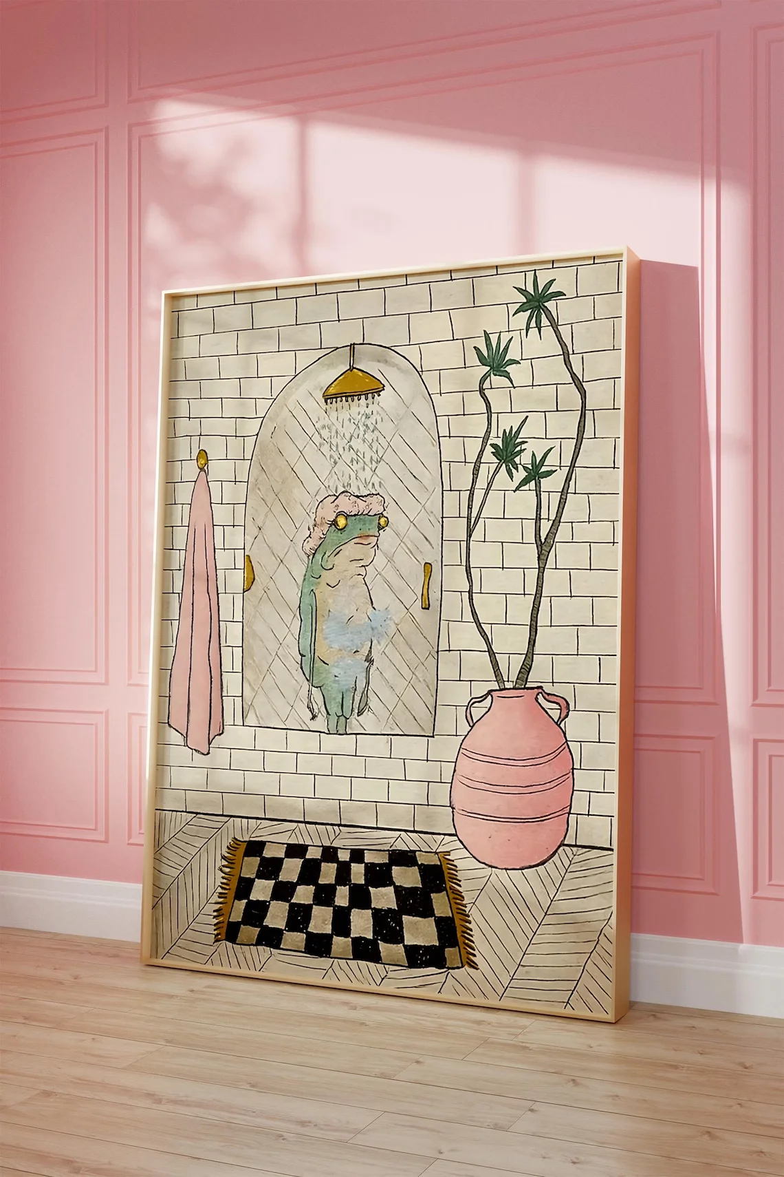Frosch in der Dusche Wandbild für Badezimmer – Verspielte Retro-Kunst als Badezimmer-Akzent, Wanddekoration für das Gäste-WC oder Geschenk für Froschliebhaber