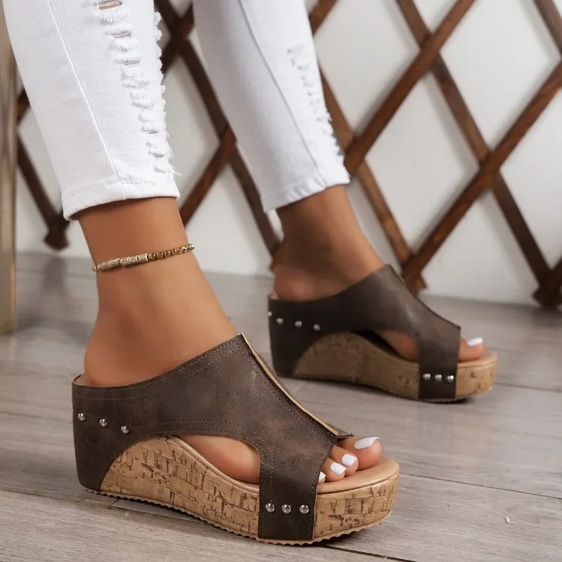 Women Wedges Slippers 2024 New Summer Platform Sandals for Women Rubber Sole Buckle Peep Toe Elegant Slippers Slides Women