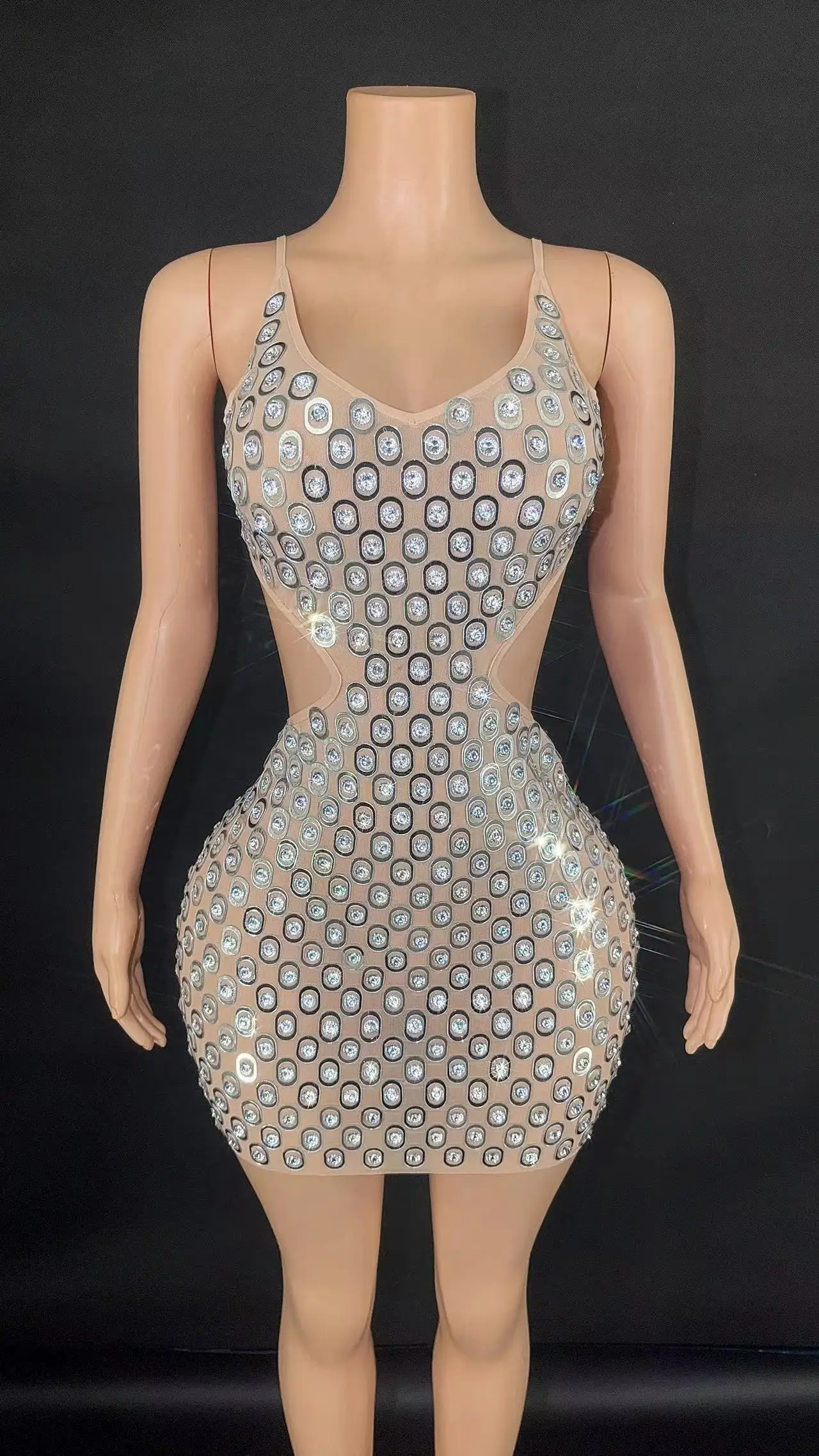 

Luxurious Full Rhinestones Short Dress for Women Evening Prom Celebrate Dress Sexy Mesh Transparent Singer Show Stage Wear