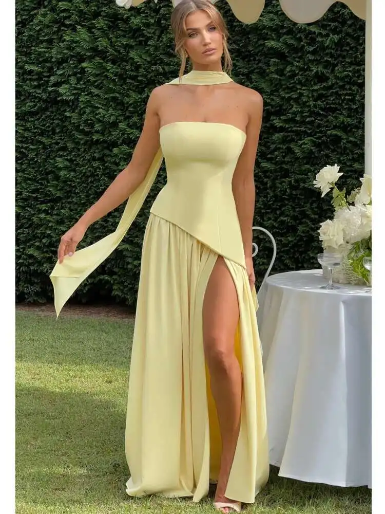 Articat élégant bretelles serré plissé fente fête robe de soirée femmes Sexy sans manches dos nu écharpe ruban été nouveau Vestido