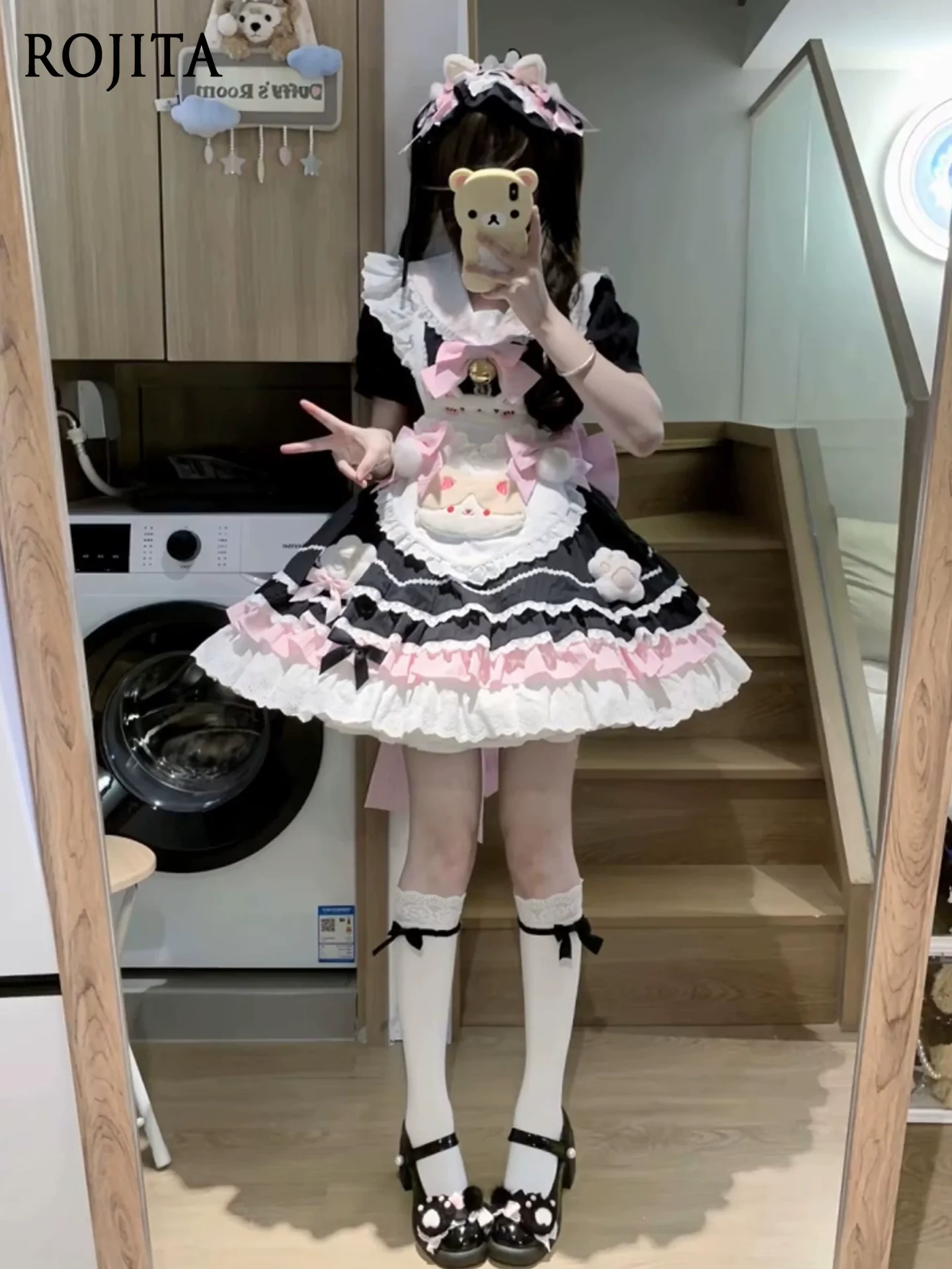 

Black Pink Sweet Cute Lolita Dress OP Lolita Maid Outfit Cartoon Cat Apron Princess Dress Sailor Collar High Waist Dress Women