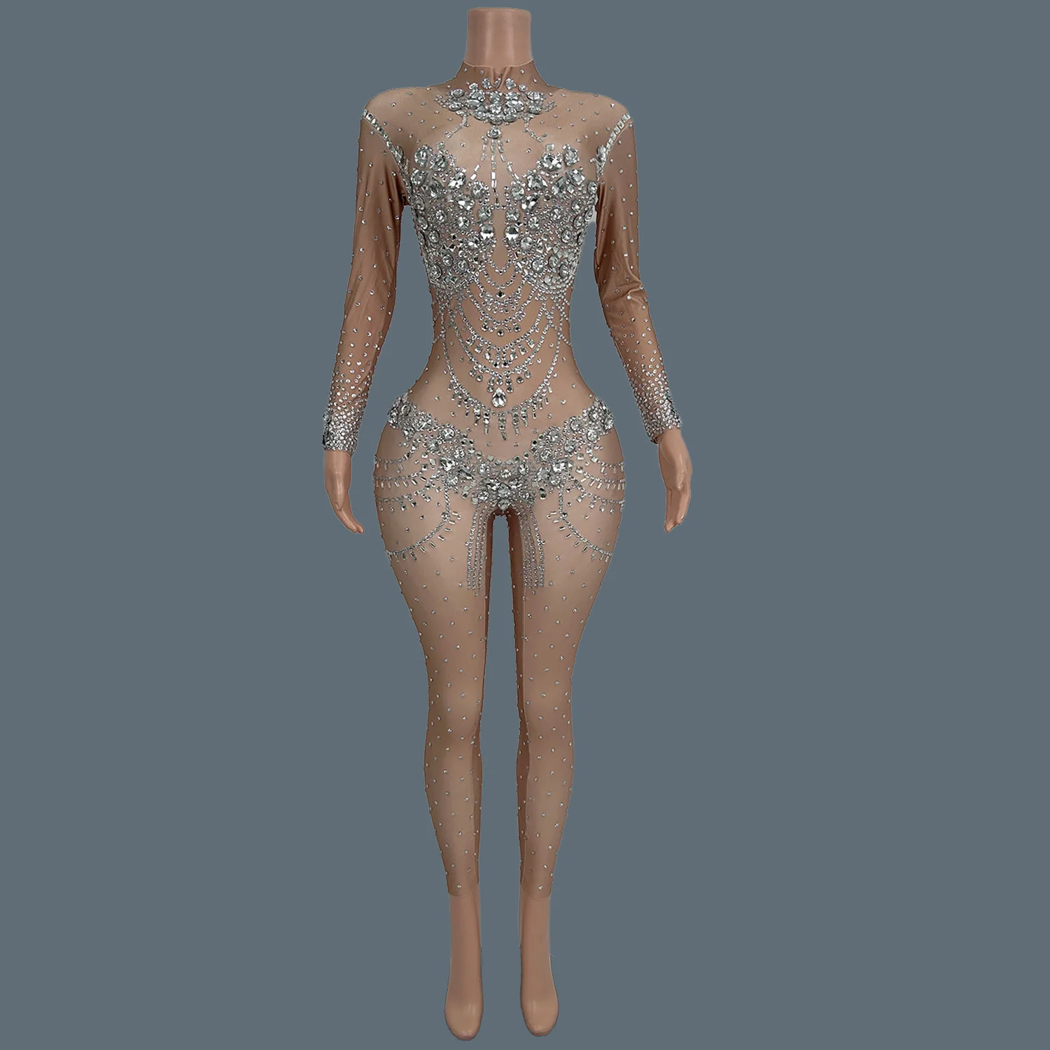 

Sparkly Rhinestone Stunning Sheer Jumpsuit Sexy Women Bar Club Drag Queen Performer Wear Party See Through Mesh Jumpsuit Huiyi