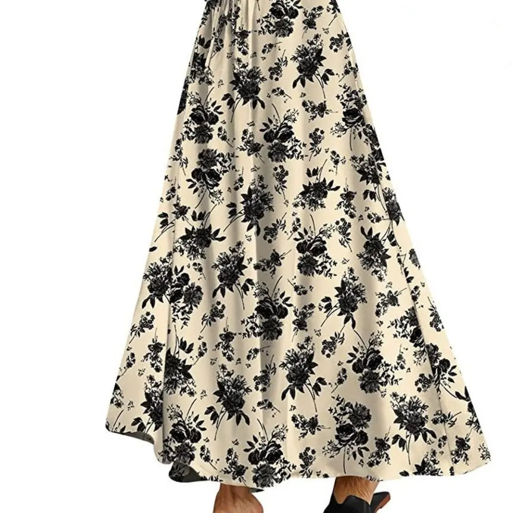 

Women's European And American Style Long Skirt with Double Pockets Lace-Up Print Design Staggered Waist Fashionable Swing Skirt