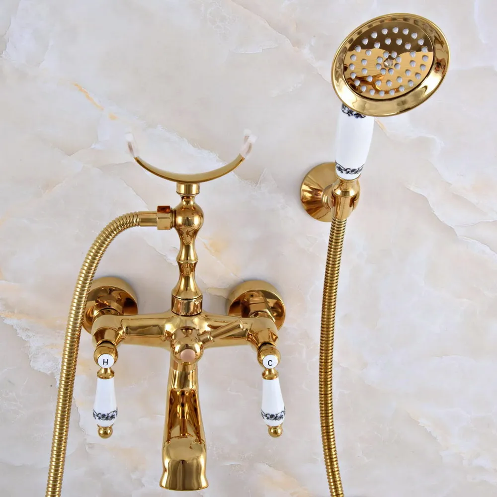 Luxury Gold Color Brass Wall Mounted Bathroom Bath Tub Faucet Set with 1500MM Hand Held Shower Spray Mixer Tap 2na908