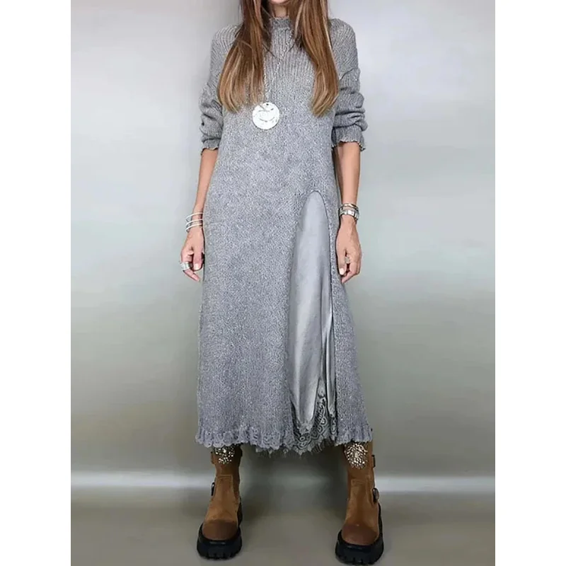 

Платье-свитер, осень-зима, женские свободные пуловеры с длинными рукавами, 2021, однотонный лоскутный новый повседневный праздничный женский свитер с круглым вырезом