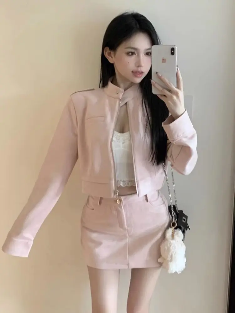 

Winter Japanese Fashion Women's Two Pieces Set Pink High Street Style Casual Chic Events Jacket Tops + Mini Skirt Woman Clothes