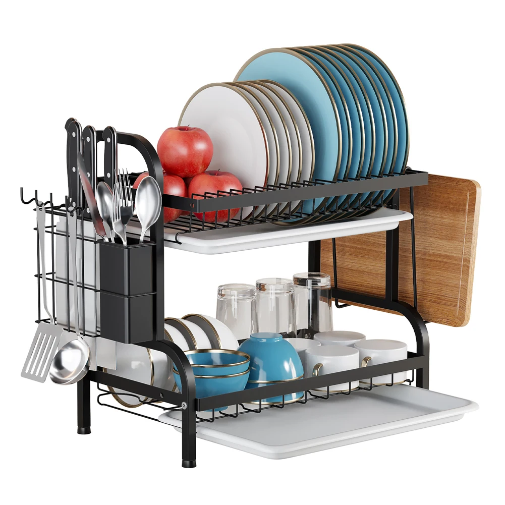 Dish Drainer Bowl Drainer Storage Rack Kitchen Organizer Dish Drying Rack with Drain Basket Tray Countertop Dinnerware Holder