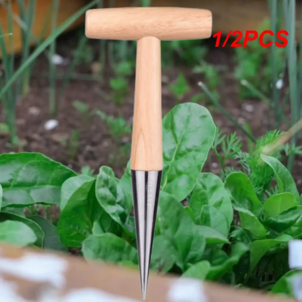 1/2PCS Practical Tools Garden Migration Loosen Soil Accessory Durable Plant Stainless Steel Sow Dibber Hole Punch Wood Handle