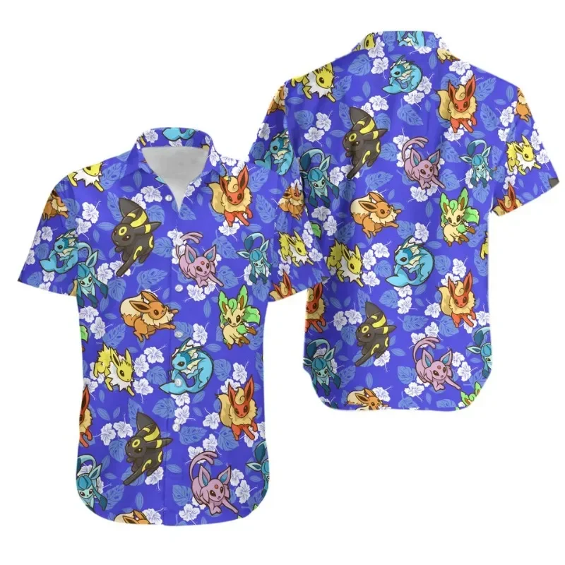 Pokemon Eevee Short Sleeve Hawaiian Shirts Men's Women's Kids Summer Casual Button Pikachu PKM Beach Shirts Tops