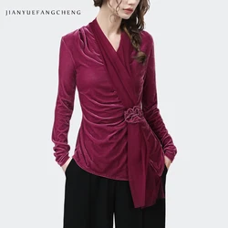 Fashion Womens Magenta Velvet Shirt With Chiffon Ribbon Long Sleeve V-Neck Elegant Slim Cinched Waist Tops