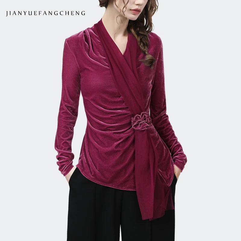 Fashion Womens Magenta Velvet Blouse With Chiffon Ribbon Long Sleeve V-Neck Elegant Slim Trendy Retro Casual Fall Winter Tops