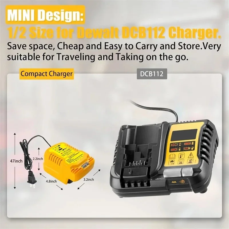 12V/24V 100-240V Li-ion Battery Mini Compact Car Charger for DeWalt 18V 20V 60V Lithium Battery DCB200 Replacement for DCB112