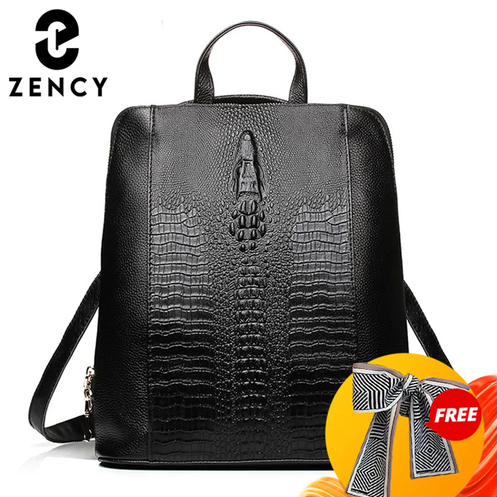 Zency 100% Genuine Leather Knapsack Ladies Crocodile Pattern Women Backpack Girl Notebook Schoolbags Travel Bags High Quality