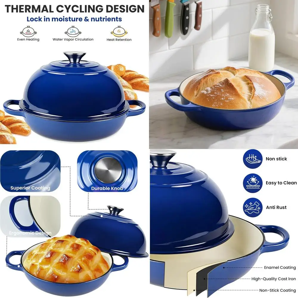 

Enameled Cast Iron Bread Baking Pot with Dome Lid, Oven Safe to 500°F, 6 Quart, Blue