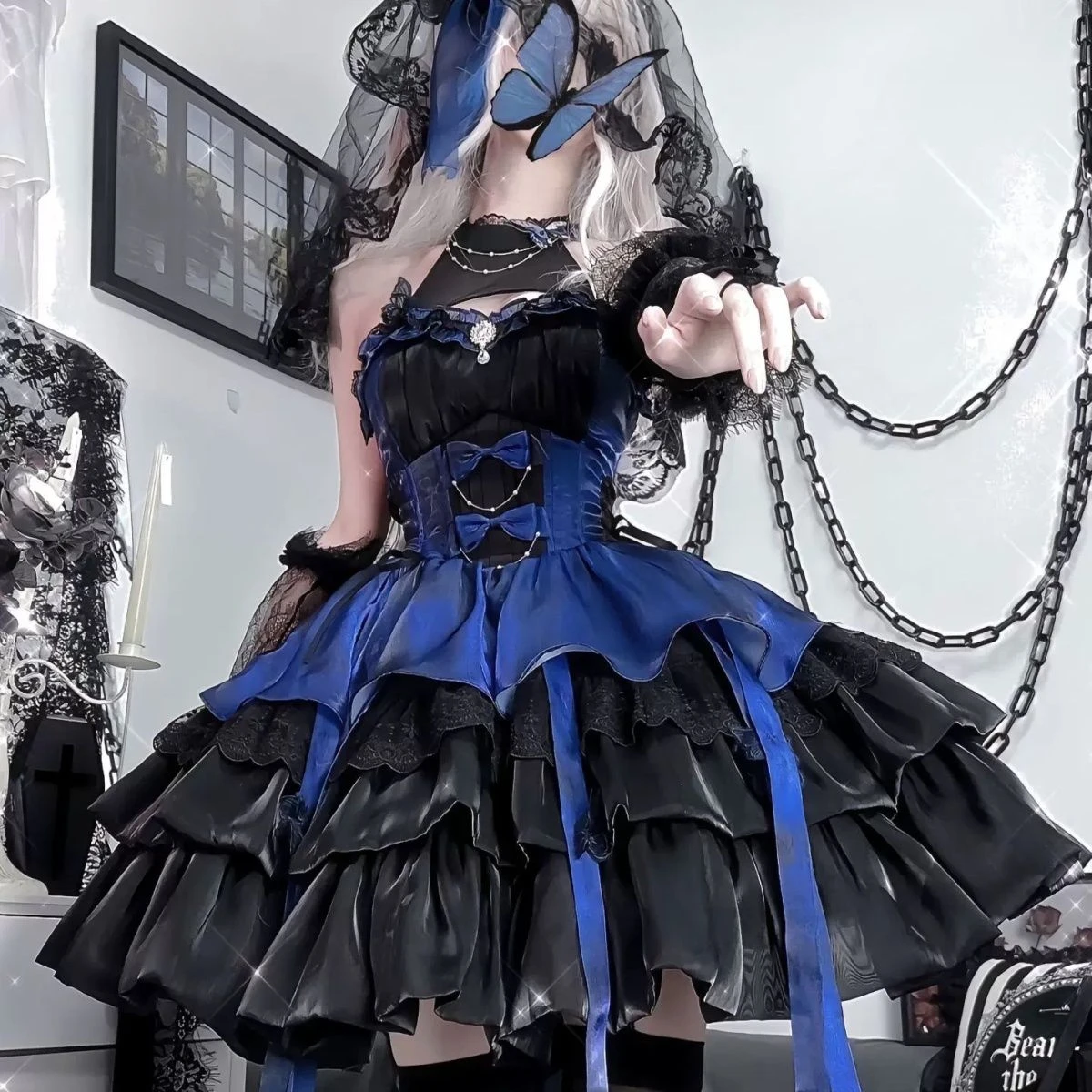 اليابانية Y2k الجمالية لوليتا نمط القوس فستان أسود المرأة القوطية الدانتيل مضيئة كم زر قميص فستان سليم حفلة صغيرة Y2k فستان