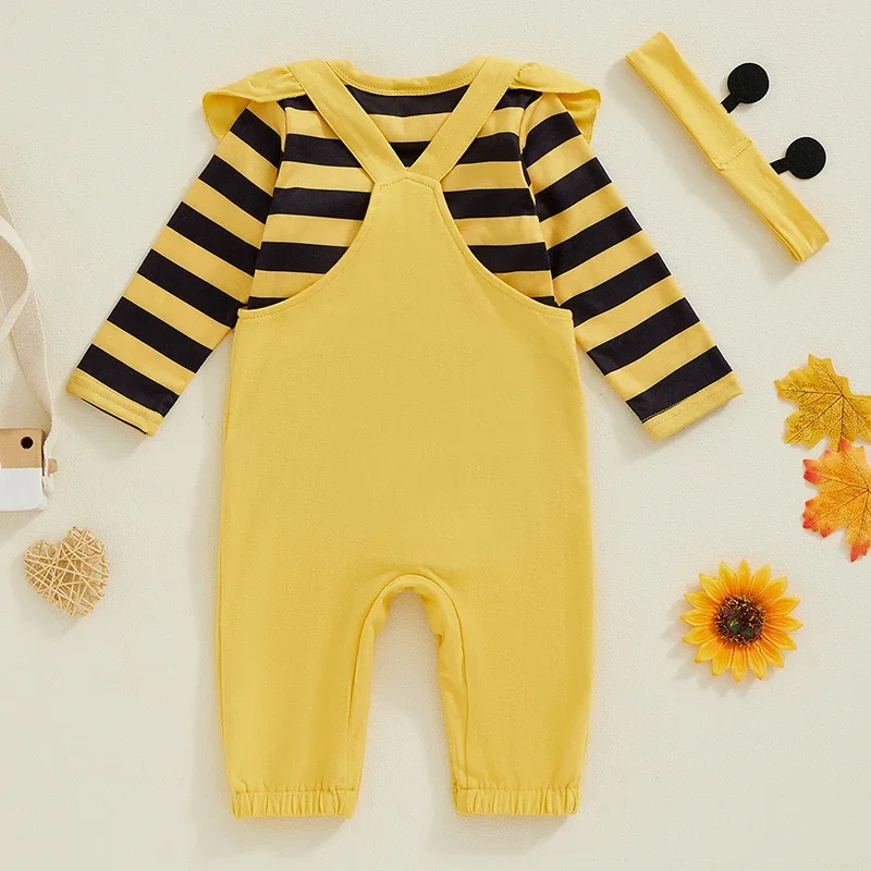 Infant Baby Girl Halloween Outfits Long Sleeve Stripe Romper + Overalls + Headband Set Bee Costume Newborn Clothes