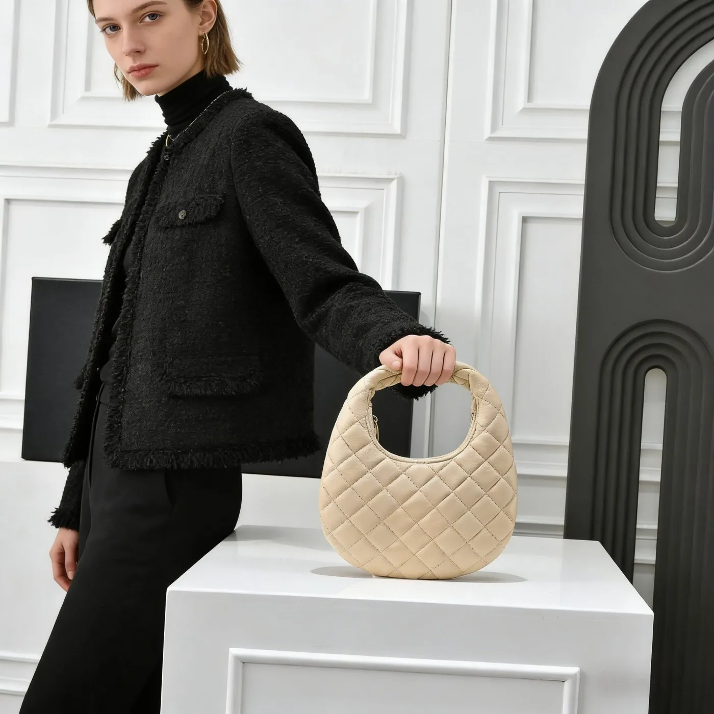 Fashion Beige Croissant Bag for Women Crescent Shape with Quilted Texture Top Handle Handbag