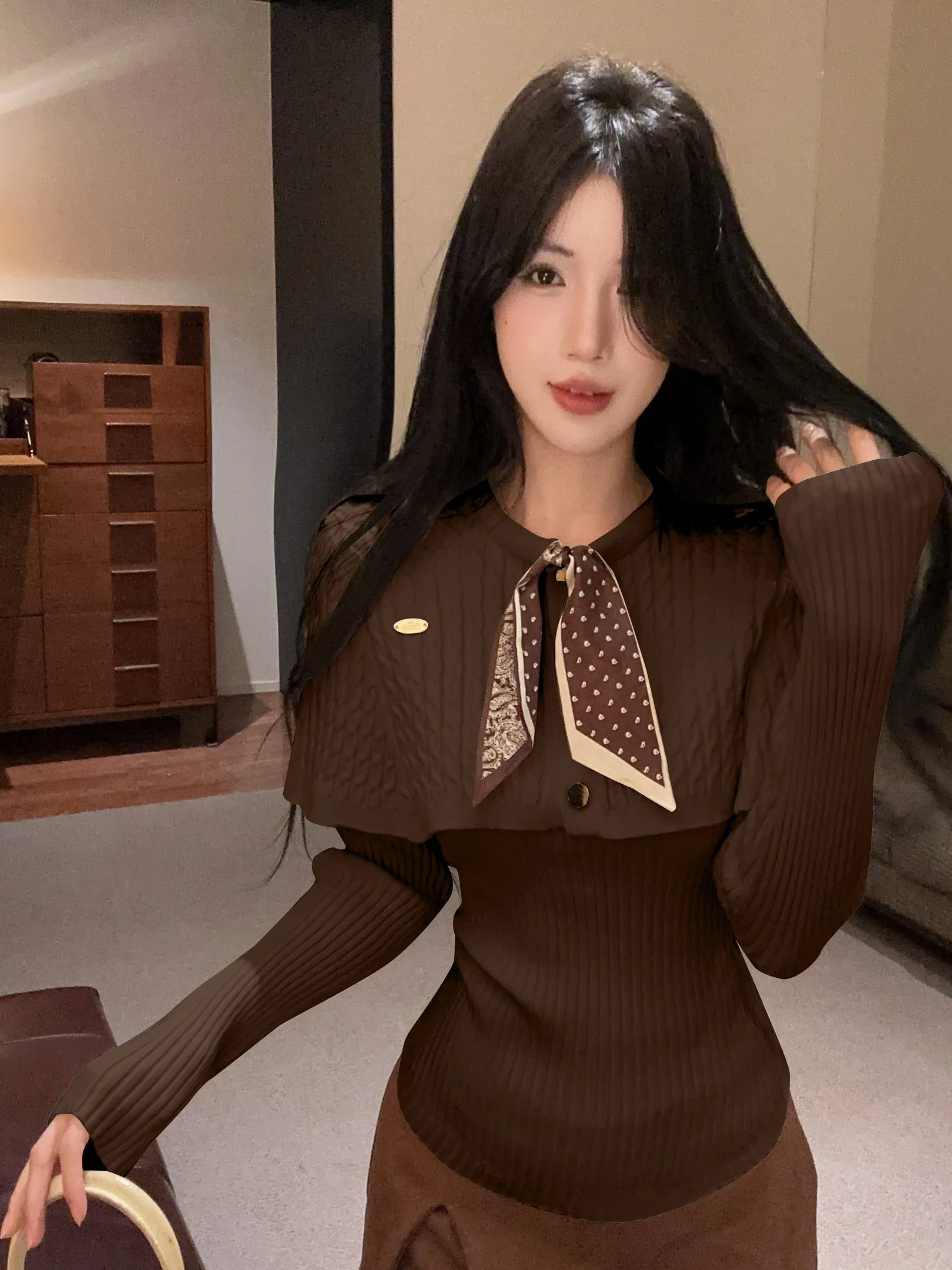 

Unique Vintage Silk Scarf Knitted Sweater Women's V-Neck Base Shirt Cowl Neck Cloak Shoulder Shawl Nicole Rose C3571# Autumn ...