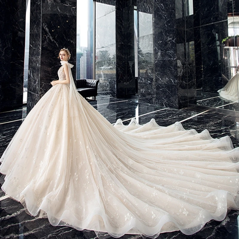 Vestido de novia de encaje de cristal brillante con cuello en V, vestido de novia de princesa con lazo en el hombro