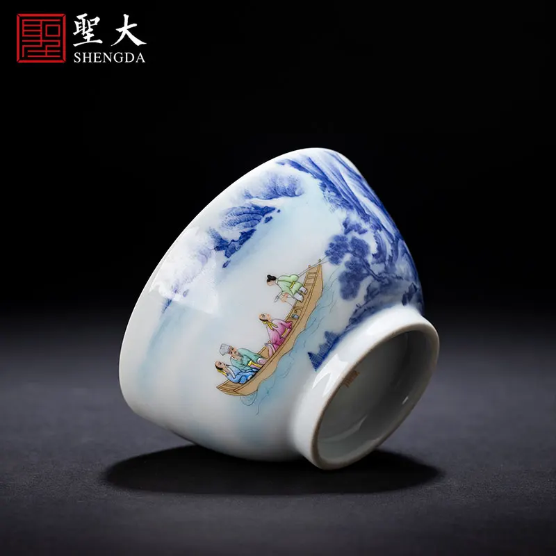 |Kung Fu tea cup Master Cup hand-painted blue and white bucket pastel boating Master Cup Jingdezhen hand-made tea set