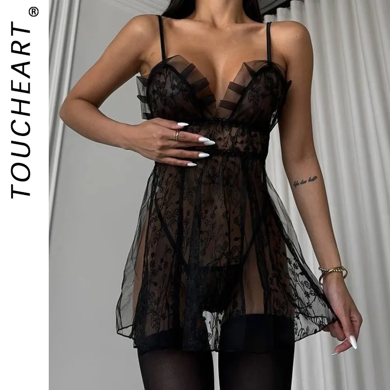 

Toucheart Sexy Sling Sleeping Skirt with Panty See-through Lace Patchwork Slim Backless Hot Women Interesting Hollow Pajamas Set