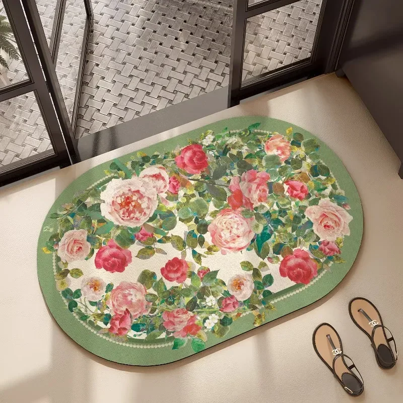 Oil Painting Style Bathroom Floor Mat Anti Skid Foot Mat for Toilet Door Diatom Mud Water Absorbing Quick Drying Carpet