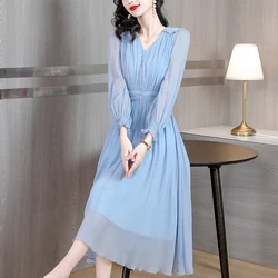 Blue Silk Long-Sleeved Dress For Spring Women's 2023 New High-Mulberry Silk Mesh Stitching Shows Thin And Long Skirt