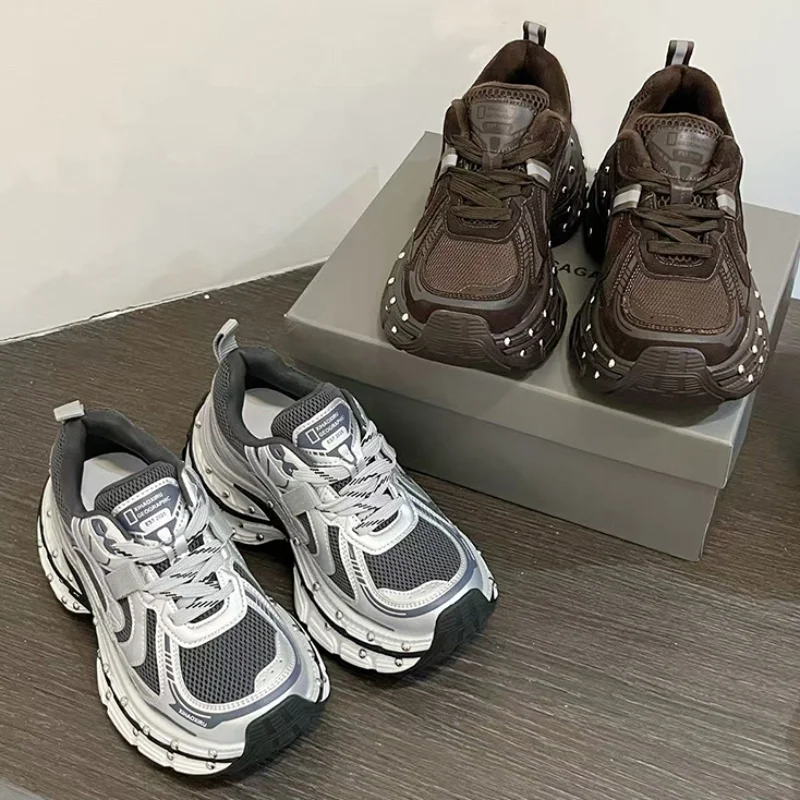 

Women's Platform Rivet Sneakers Retro Versatile Mesh Fabric Lace-up Thicken Comfortable Sneaker Outdoor Breathable Walking Shoes