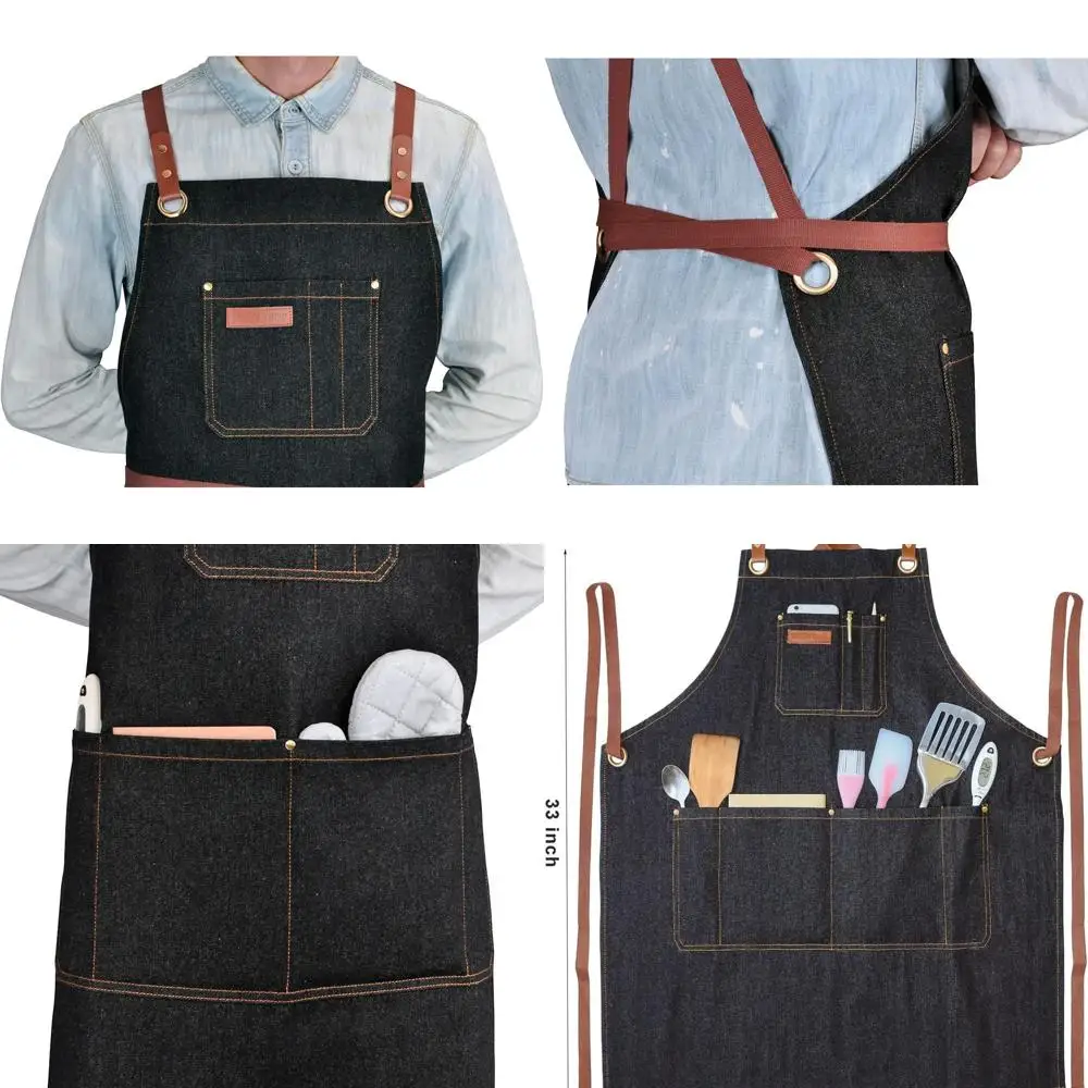 

Stylish Black Denim Chef's Apron with Pockets for Cooking, Grilling, BBQ, and Arts, Unisex Apron with Leather Straps