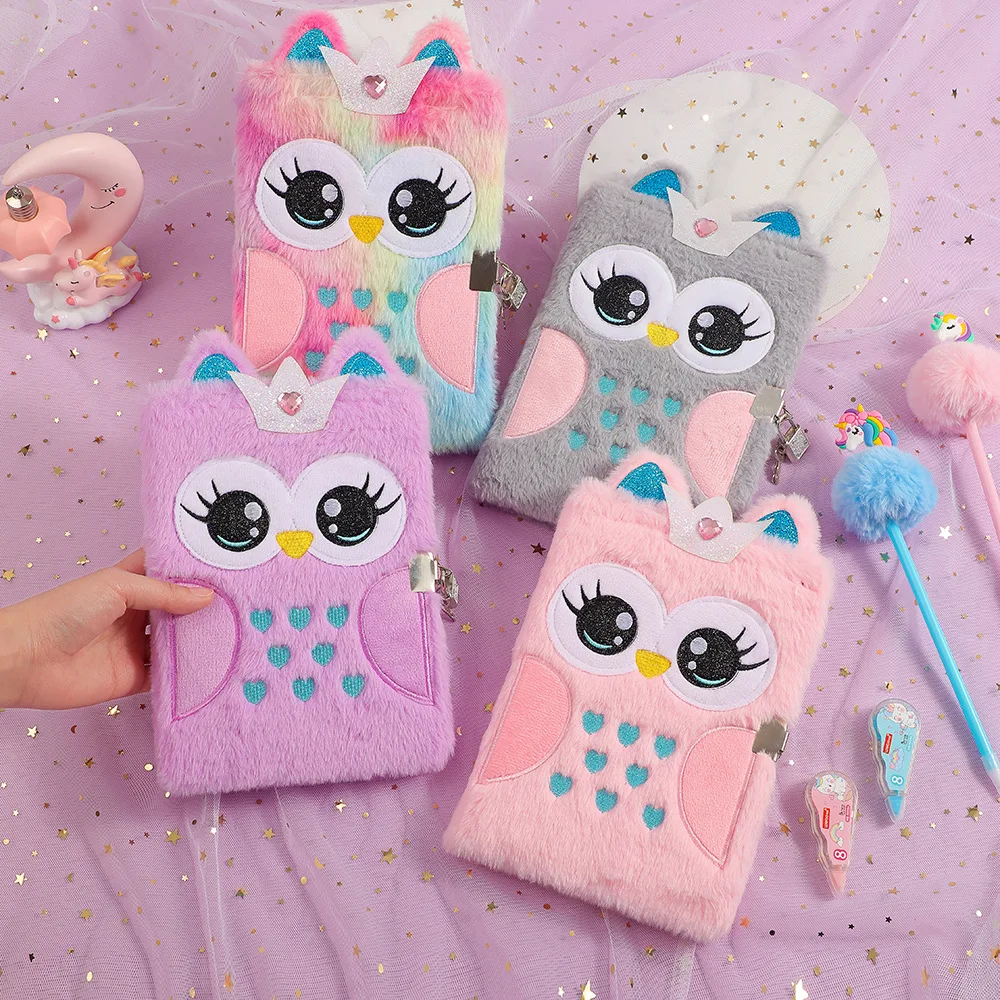 Cute Cartoon Little Princess Owl Notebook Soft Plsuh A5 Notebook for Girl Kawaiii Animal Diary Book With Lock School Stationery