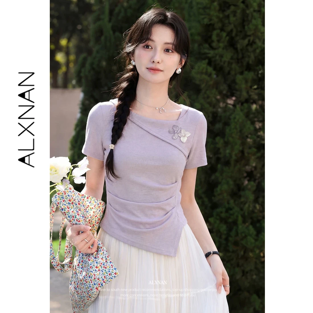 

ALXNAN Purple Short Sleeve T-shirt New Summer Fashiona Asymmetric Neck Design Women's Tees 2026 Slim-fit Tops Female L618109A-1