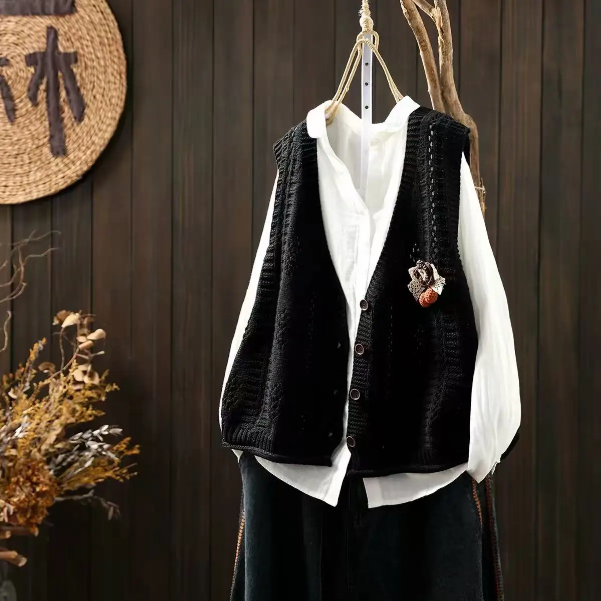 2026 Women Autumn Dark Green Cable Knit Vest Mori Girl Japanese Style V‑Neck Sleeveless Button Front Cardigan Waistcoat