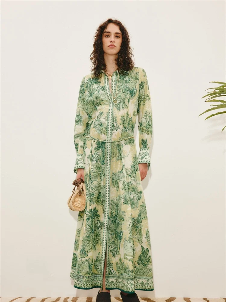 

Susan Silk Cotton Long Sleeve Print Shirt Dress Waist Cinched Maxi Skirt Loose Fit Summer Vacation Women's Dress